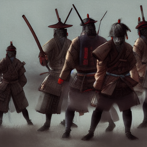 The samurais standing together, looking weary and desperate as they face a vast number of bandits approaching.